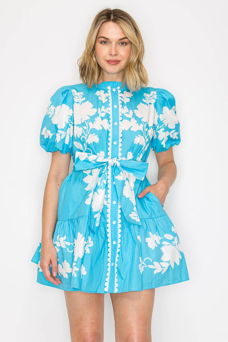 Kathleen Blue Leaf Mini Dress