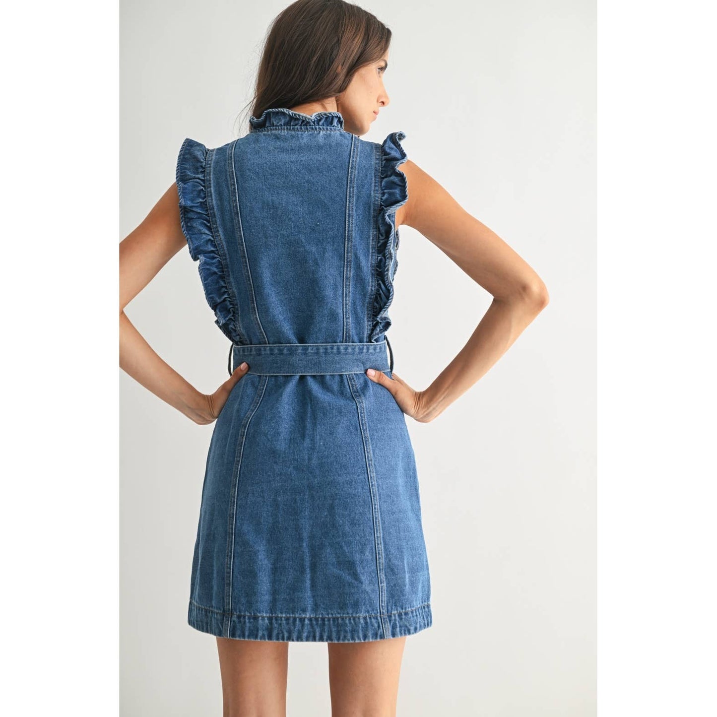 The Sutton Denim Button Down Ruffle Dress LIGHT WASH