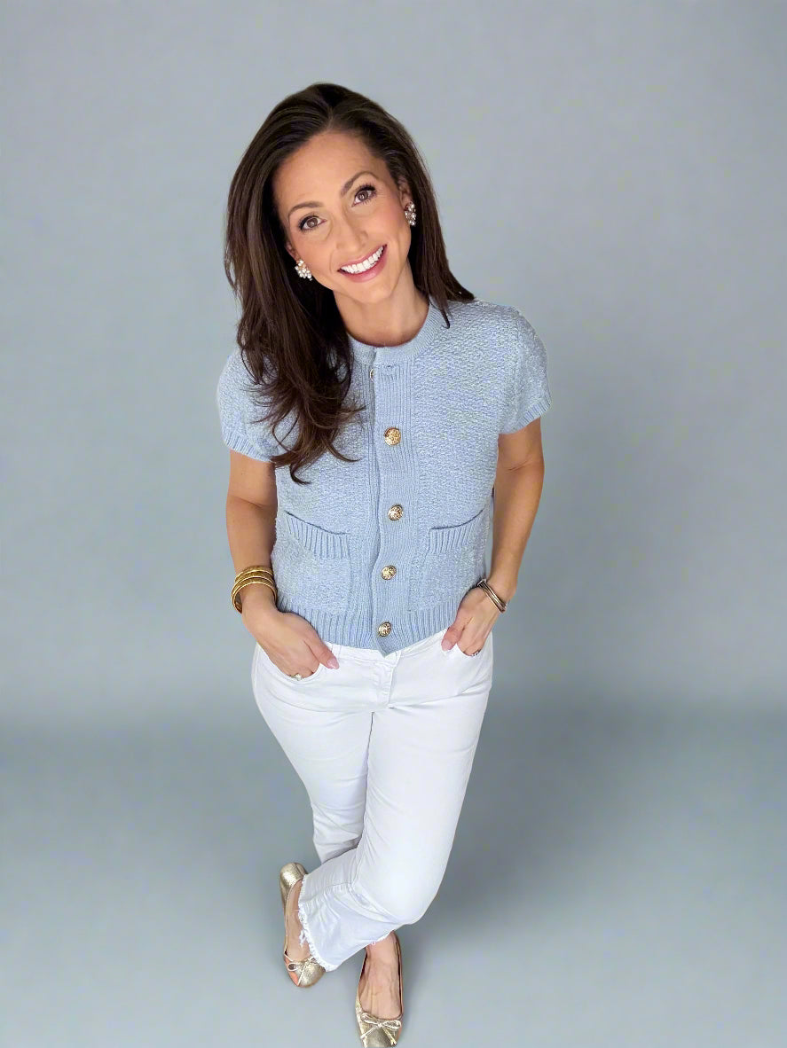 The Emory Bouclé Short Sleeve Cardigan Light Blue