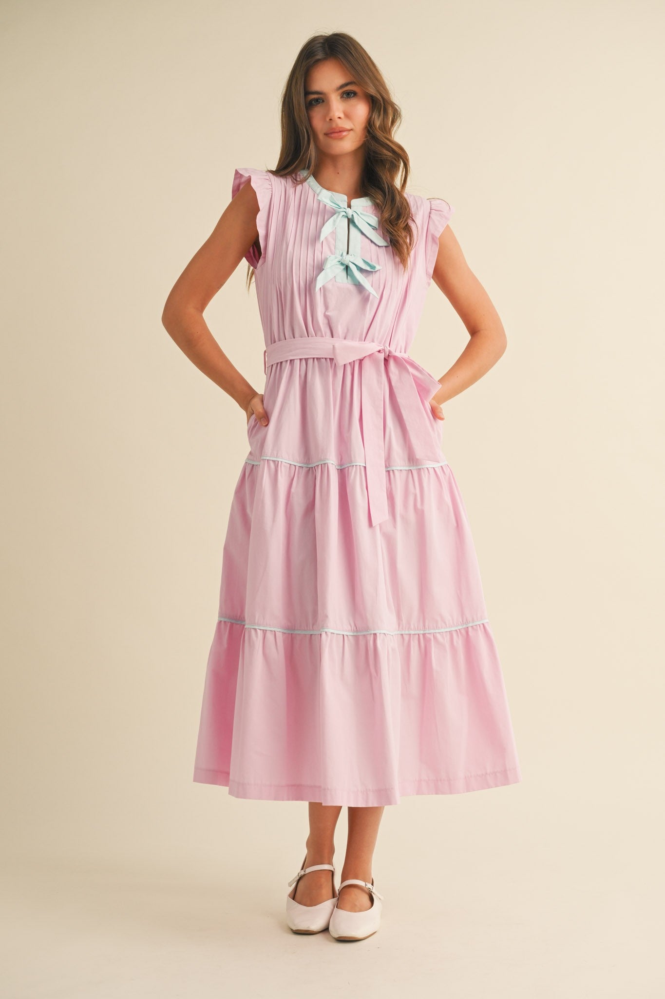 The Tallulah Pink Midi Bow Dress Medium The Tallulah Pink Midi Bow Dress Medium