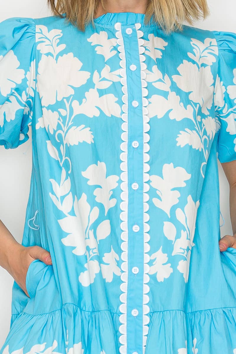 Kathleen Blue Leaf Mini Dress