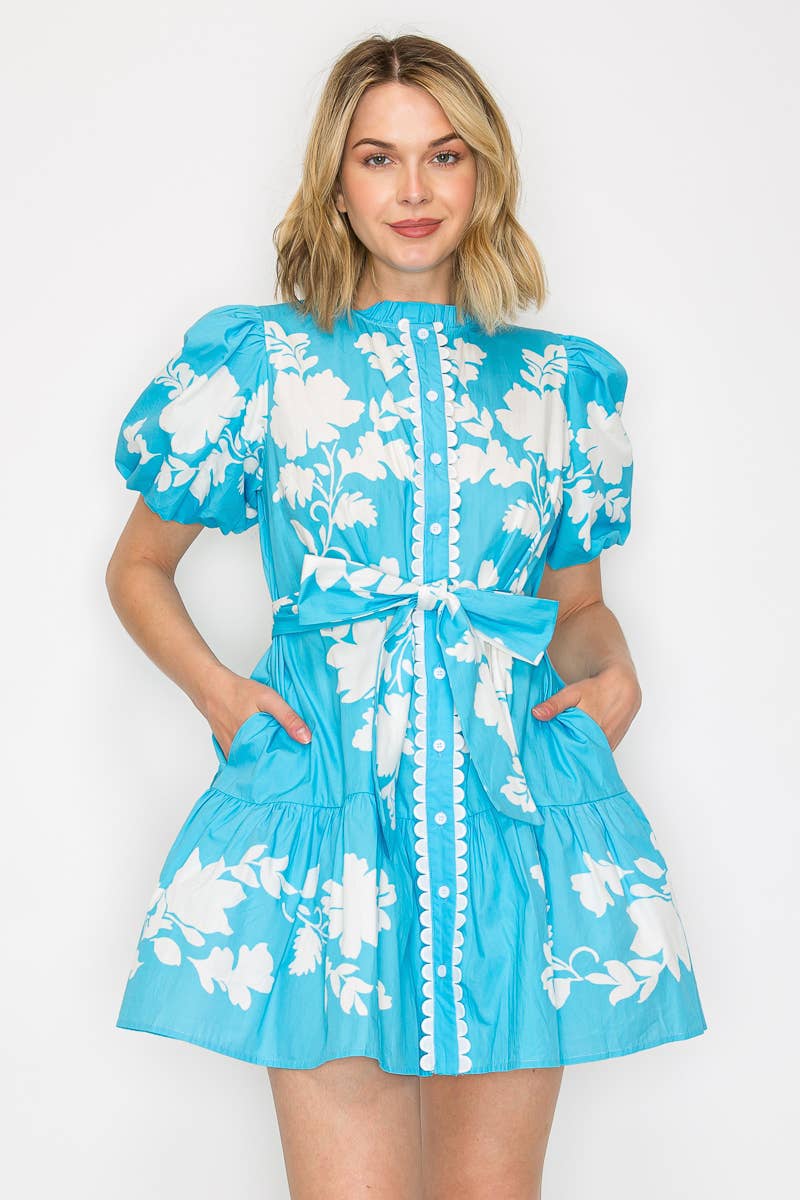 Kathleen Blue Leaf Mini Dress