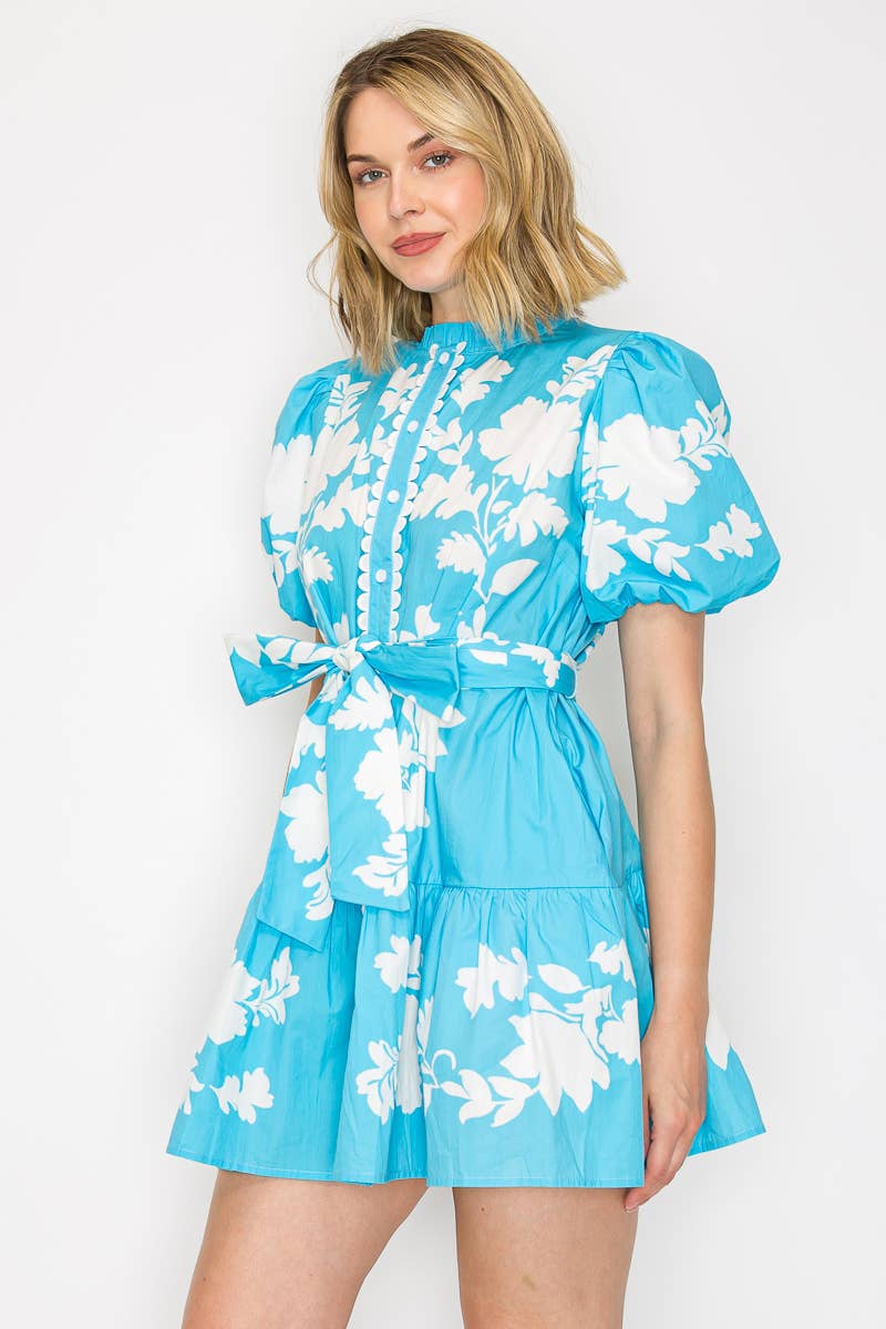 Kathleen Blue Leaf Mini Dress