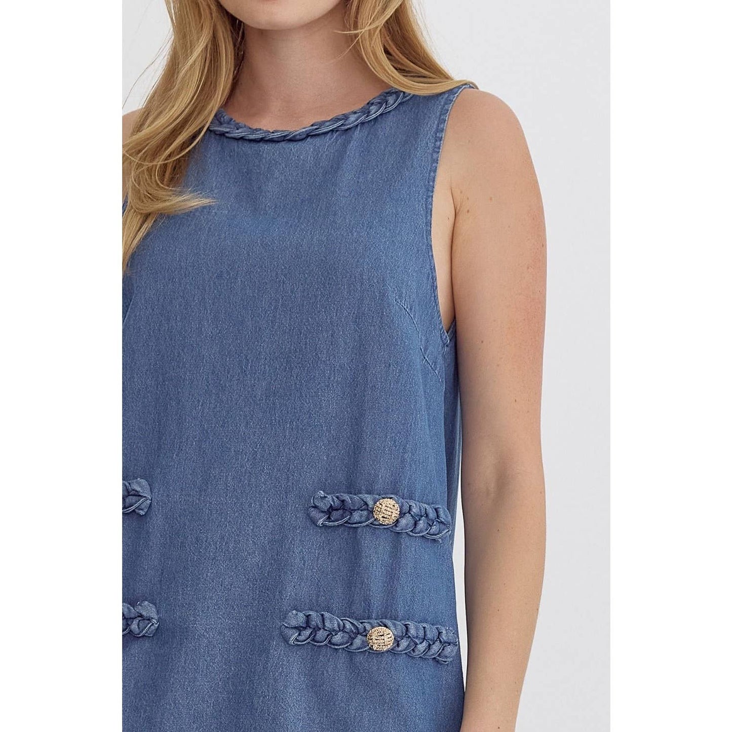 Sophie Dress -Round neck sleeveless mini dress: DENIM - FINAL SALE
