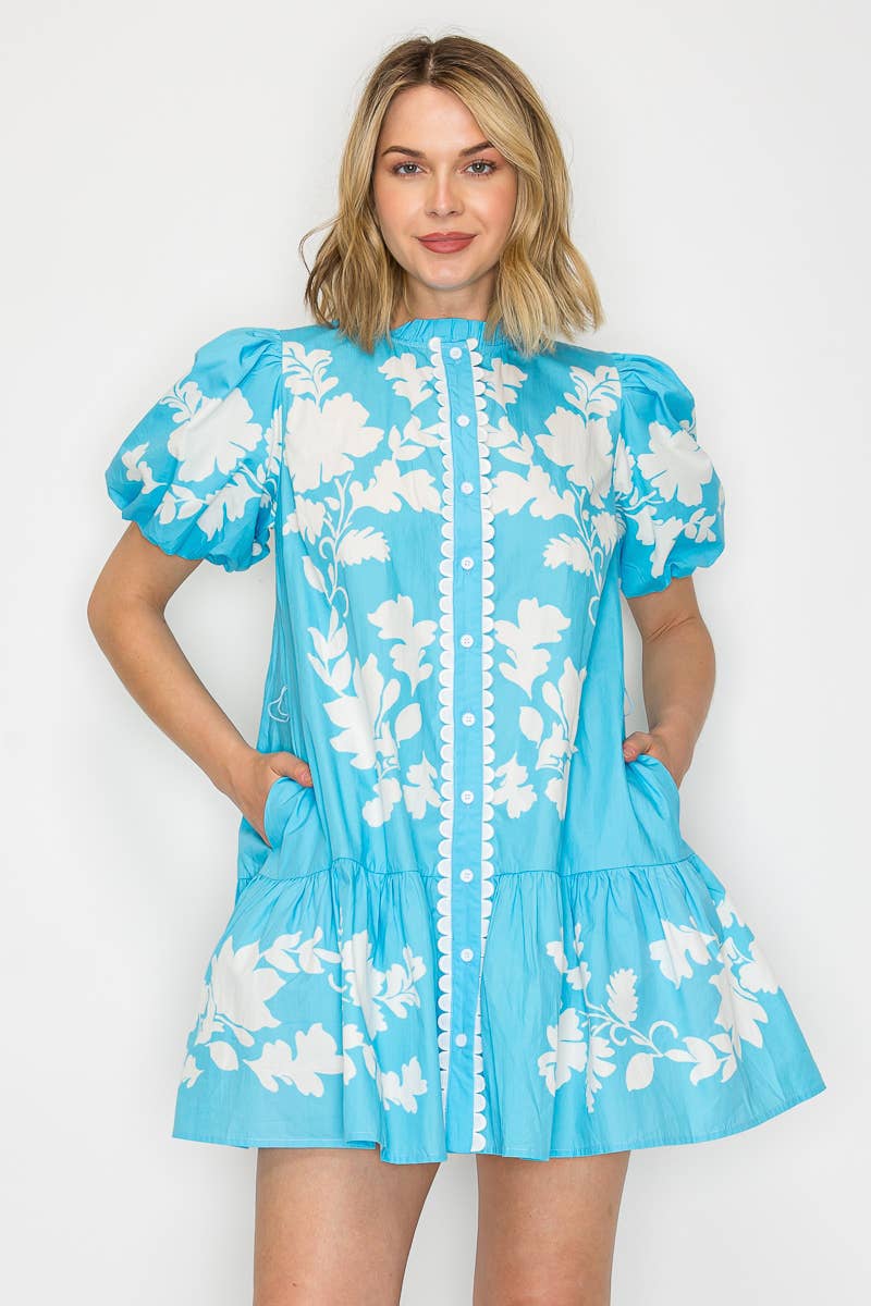 Kathleen Blue Leaf Mini Dress