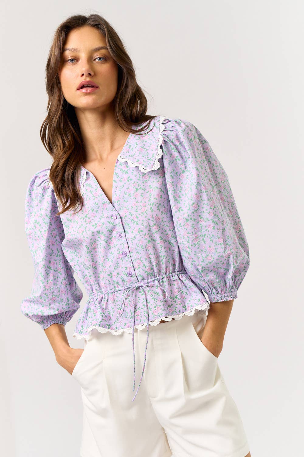 The Emerson Lavender Floral Puff Sleeve Top
