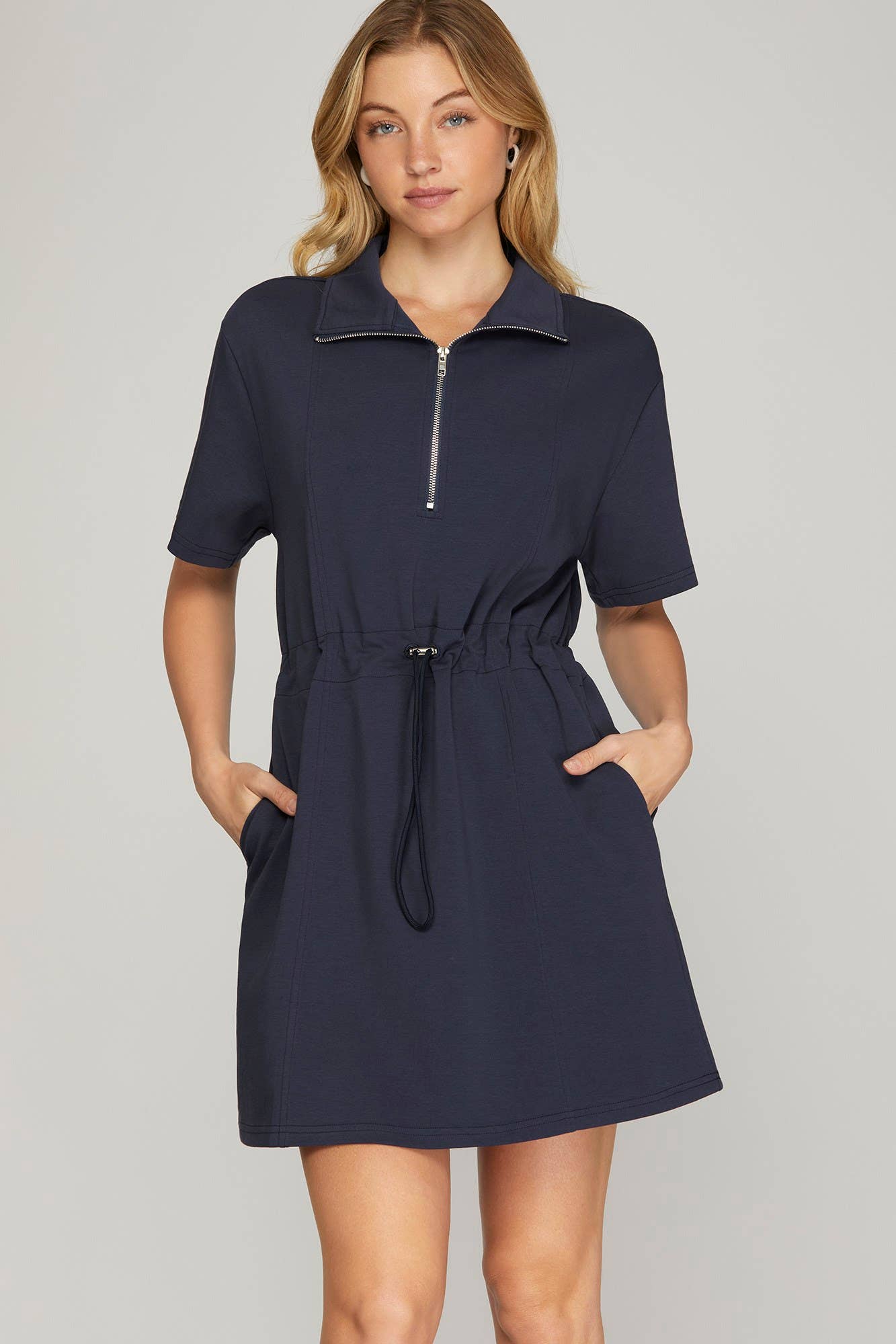 The Jacqueline HALF SLEEVE HALF ZIP DRAWSTRING WAIST SCUBA KNIT DRESS Navy  FINAL SALE