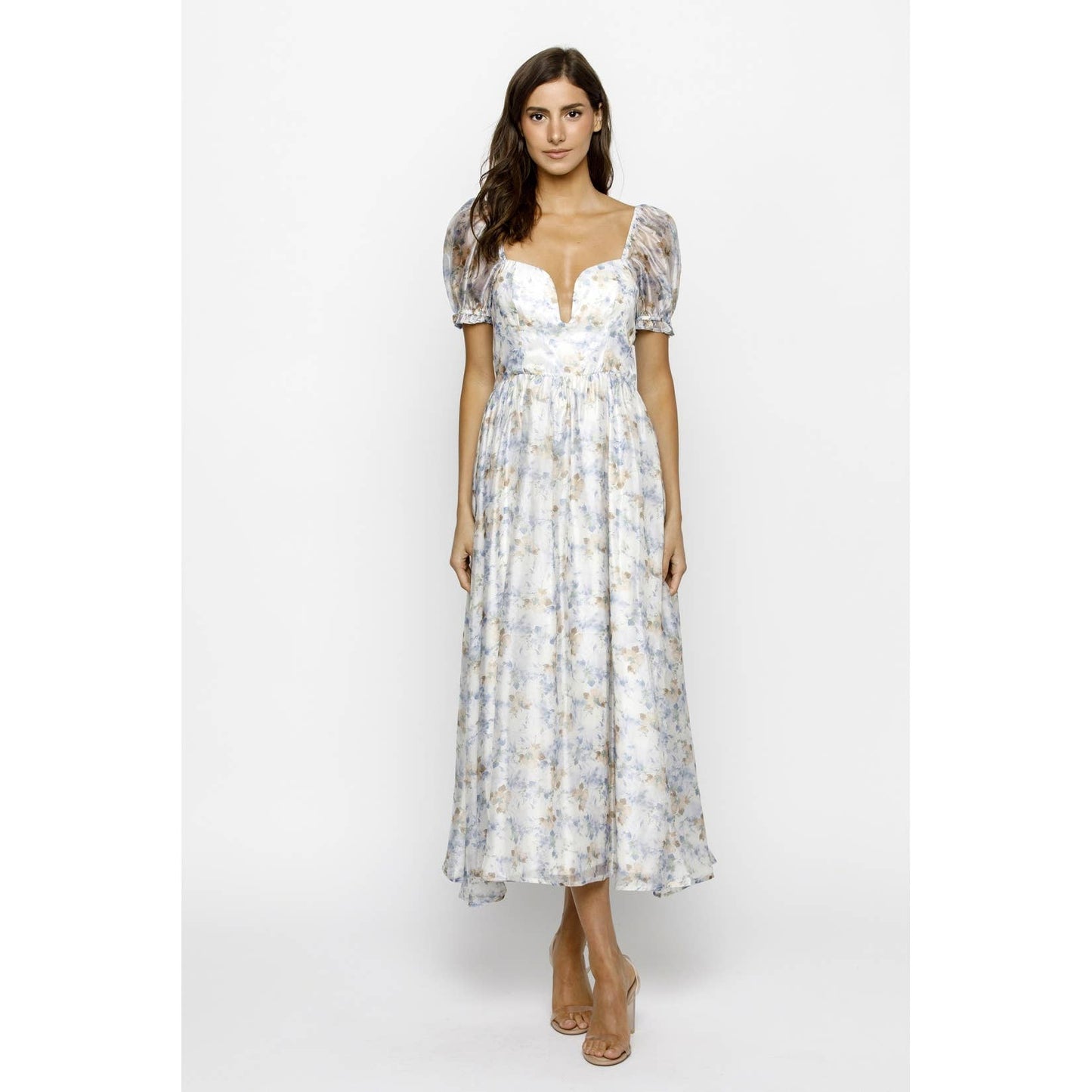 Stella TULIP FLORAL  A-LINE DRESS : WHITE/BLUE BEIGE - FINAL SALE