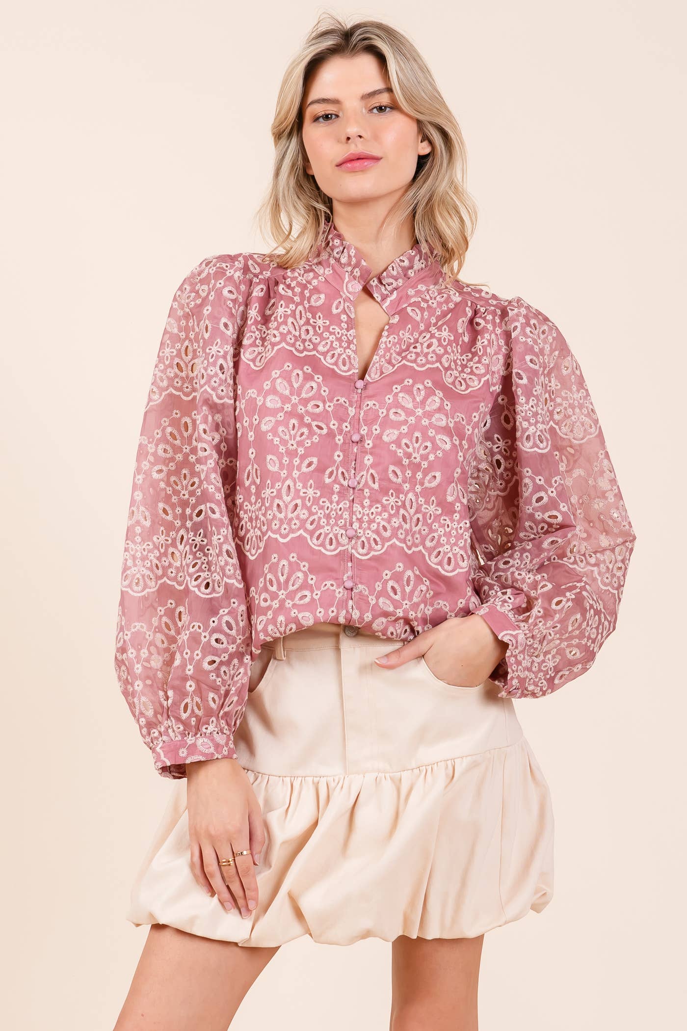 Emmaline Floral Eyelet Long-Sleeve Blouse Mauve - FINAL SALE