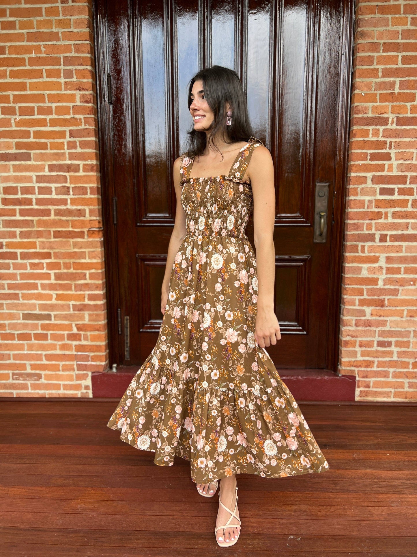 The Maeve Bow Maxi Dress Brown Chinoiserie