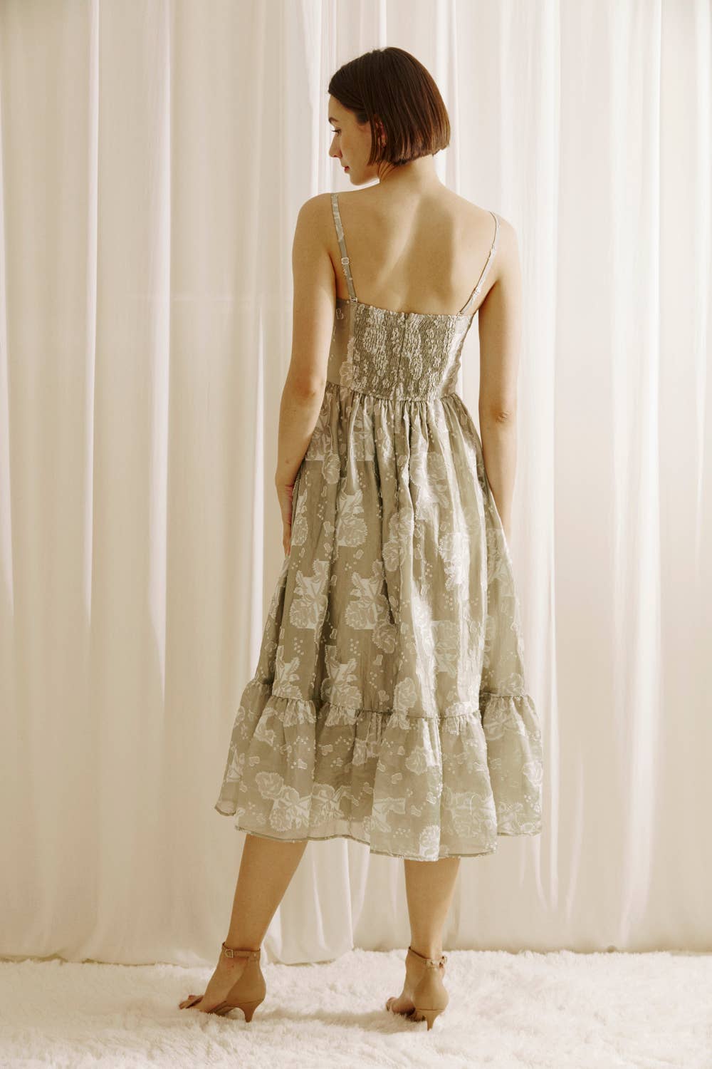 Jillian ROSE AND HEART PATCHED PRINT MIDI DRESS: LIGHT OLIVE/WHITE - FINAL SALE