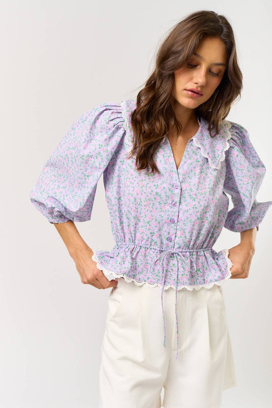 The Emerson Lavender Floral Puff Sleeve Top