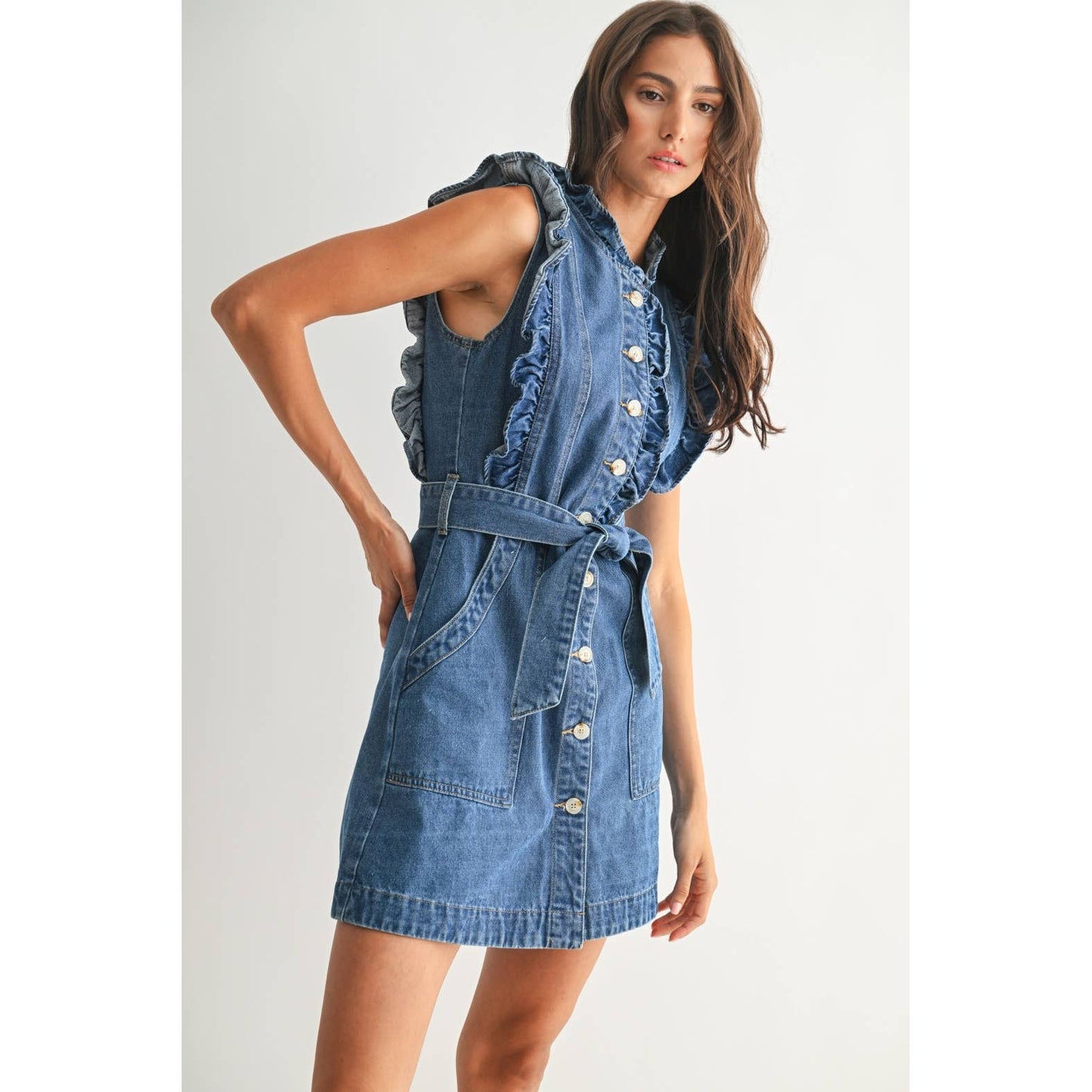 The Sutton Denim Button Down Ruffle Dress