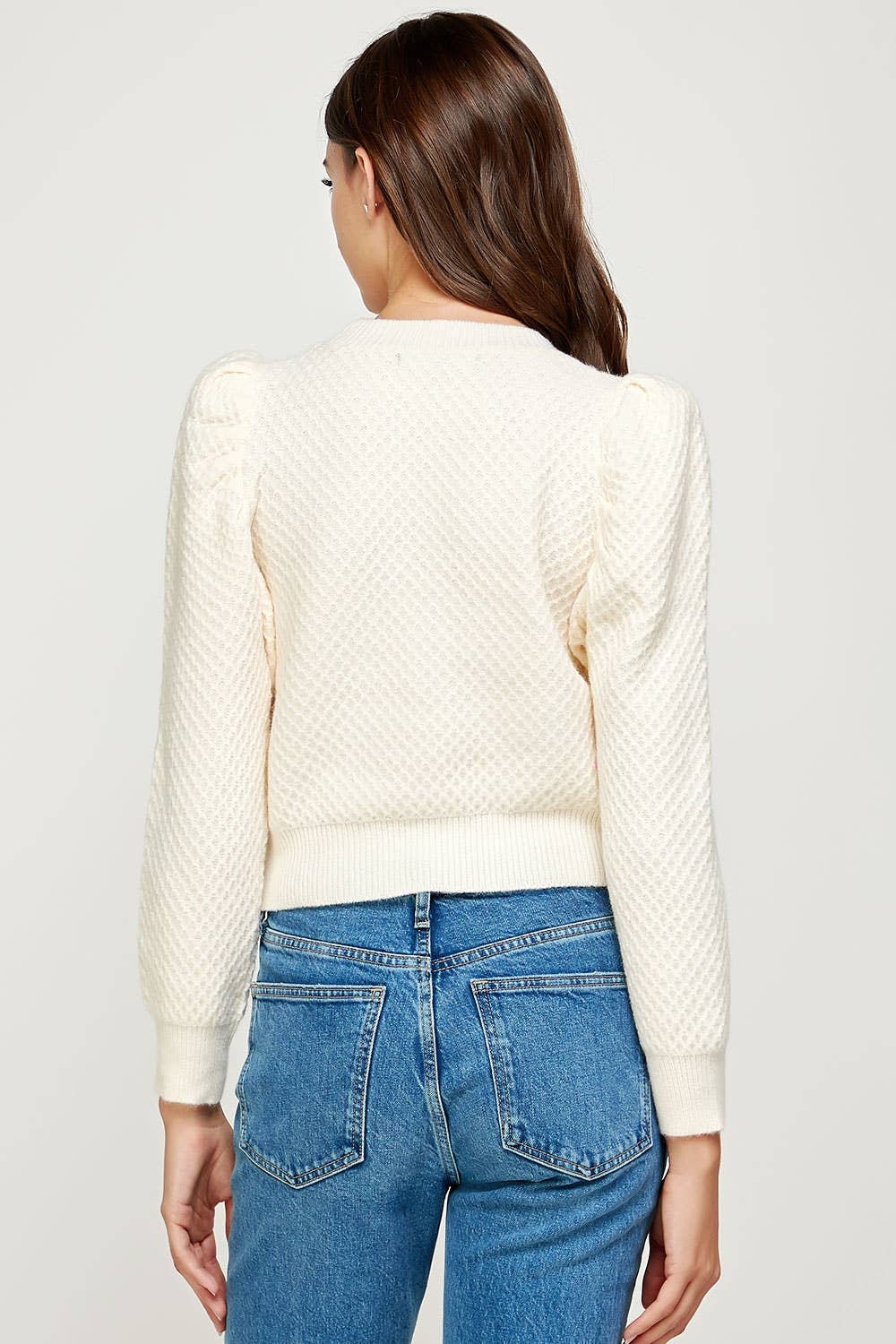Sally Puff Shoulder Textured Knit Sweater Cream