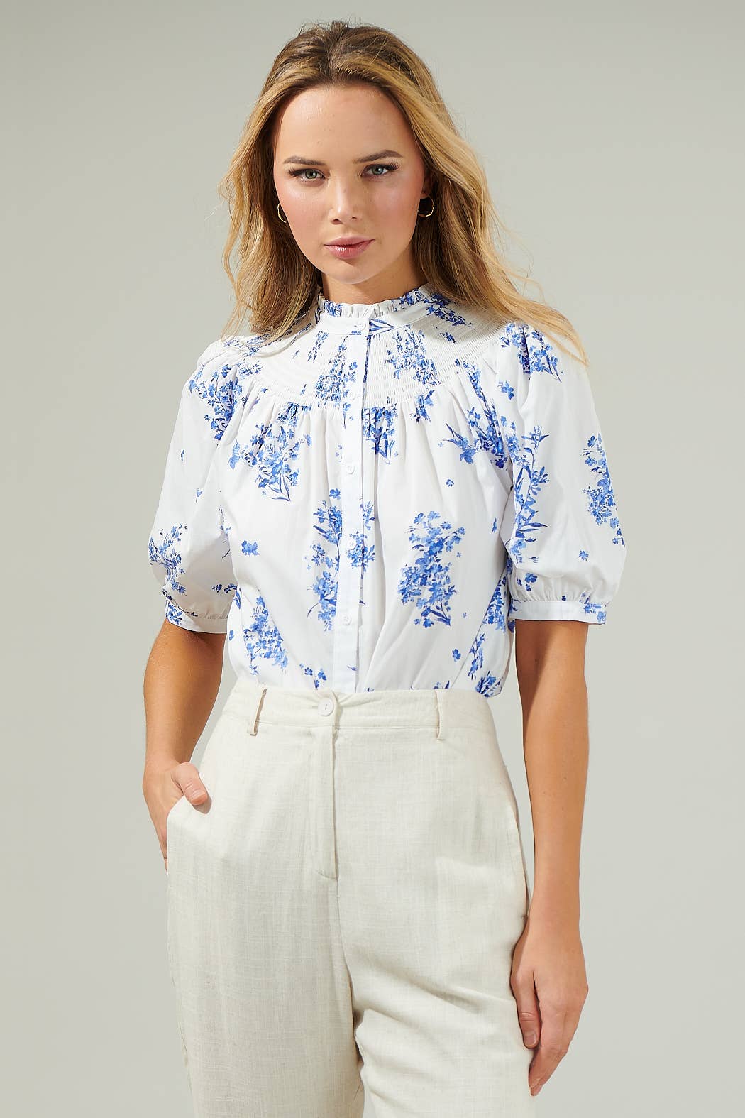 Victoria Floral Blossom Smocked Mock Neck Top: CreamBlue
