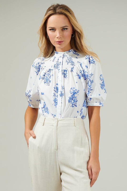 Victoria Floral Blossom Smocked Mock Neck Top: CreamBlue