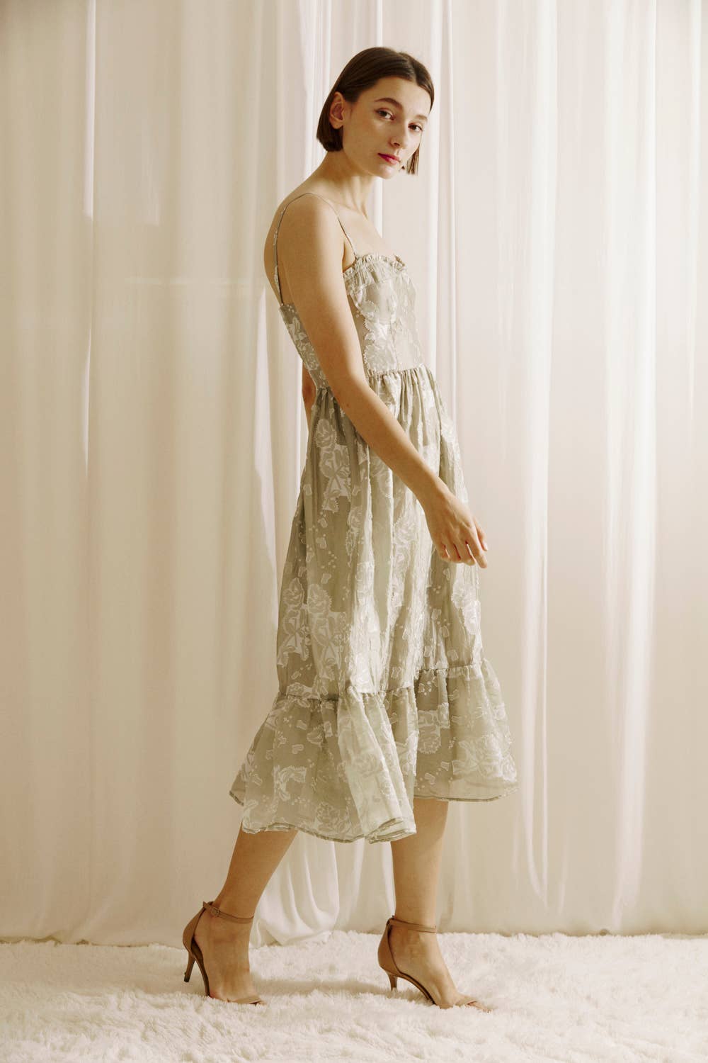 Jillian ROSE AND HEART PATCHED PRINT MIDI DRESS: LIGHT OLIVE/WHITE - FINAL SALE