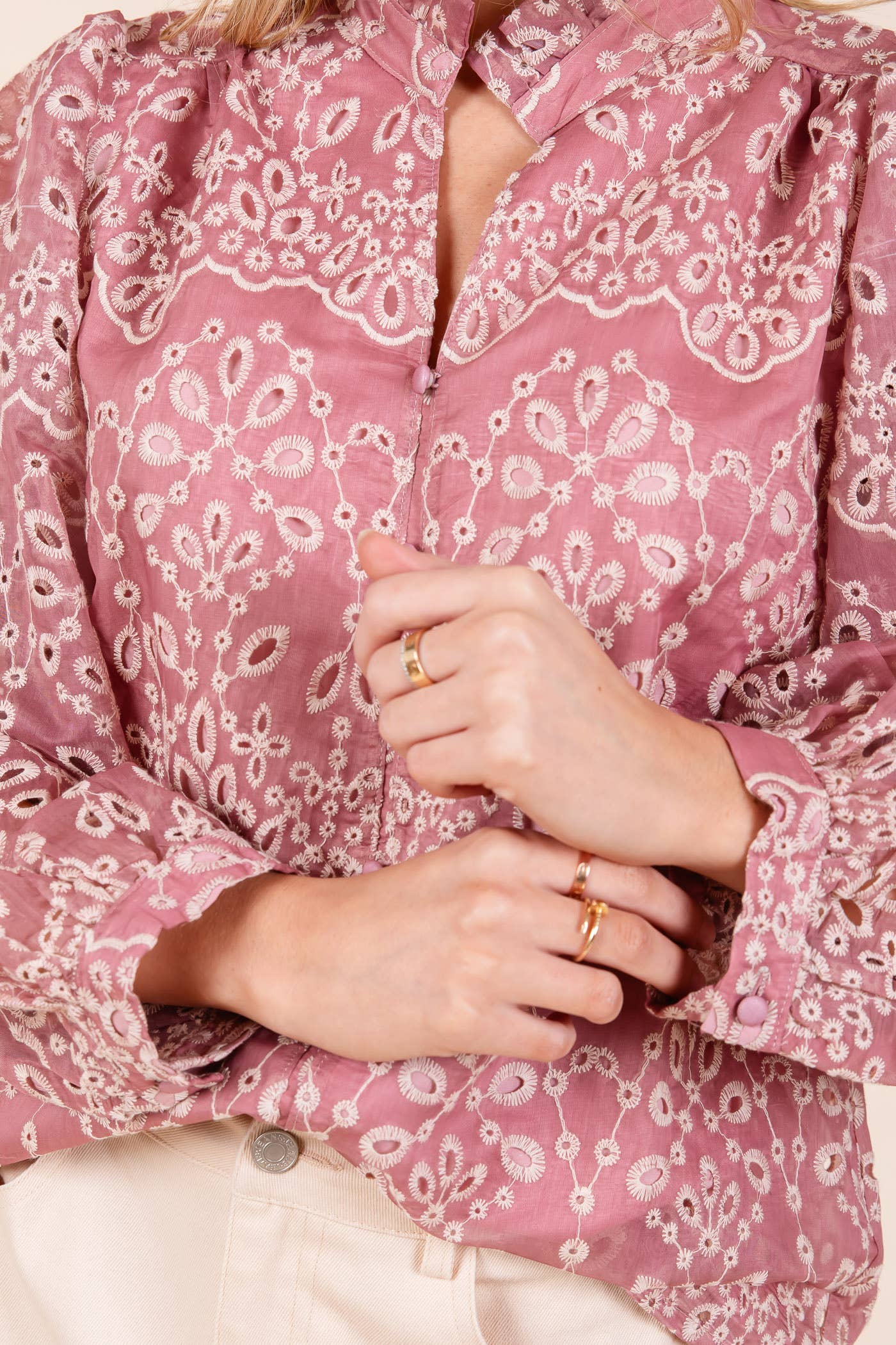 Emmaline Floral Eyelet Long-Sleeve Blouse Mauve - FINAL SALE