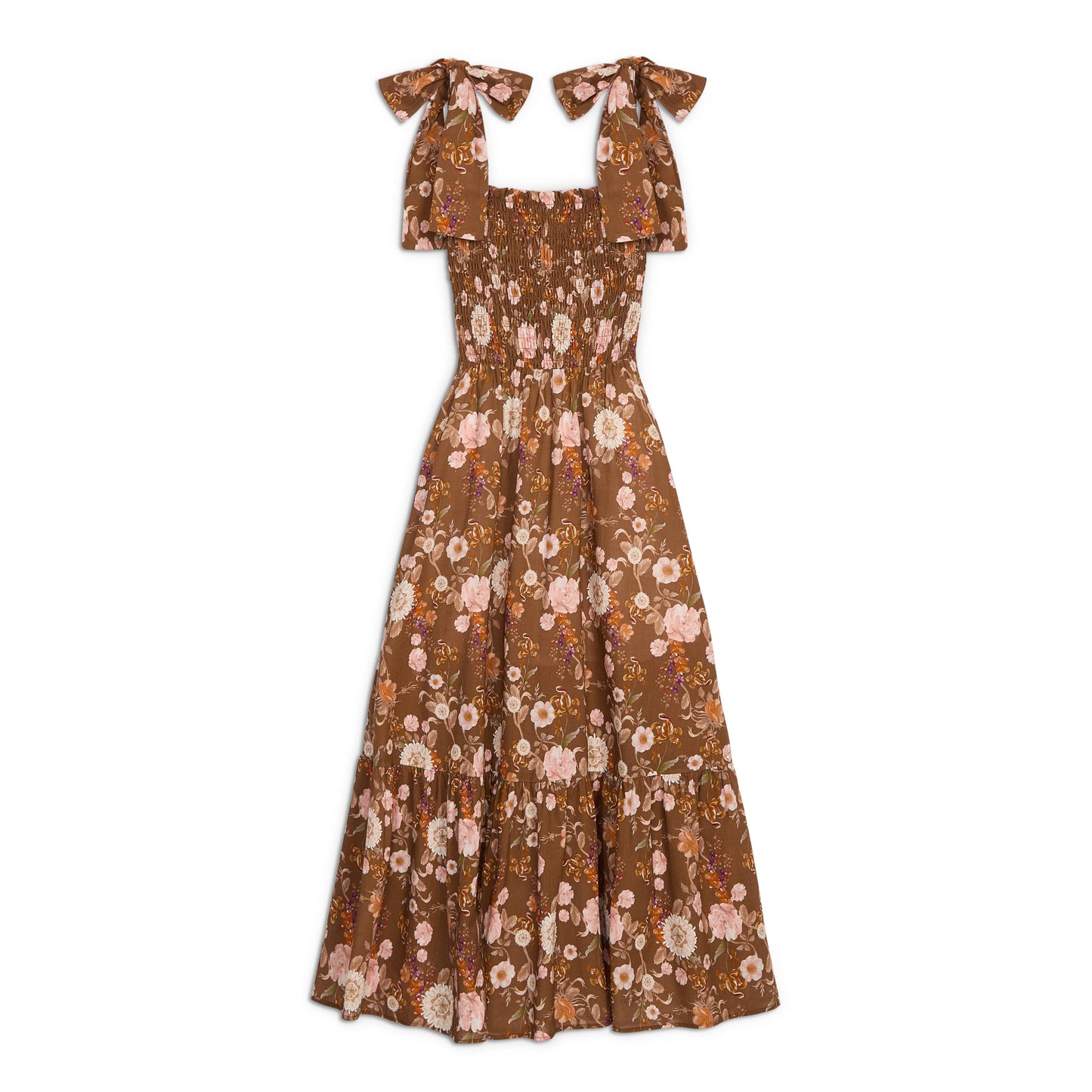 fall dress in muted florals bow tie straps smocked top