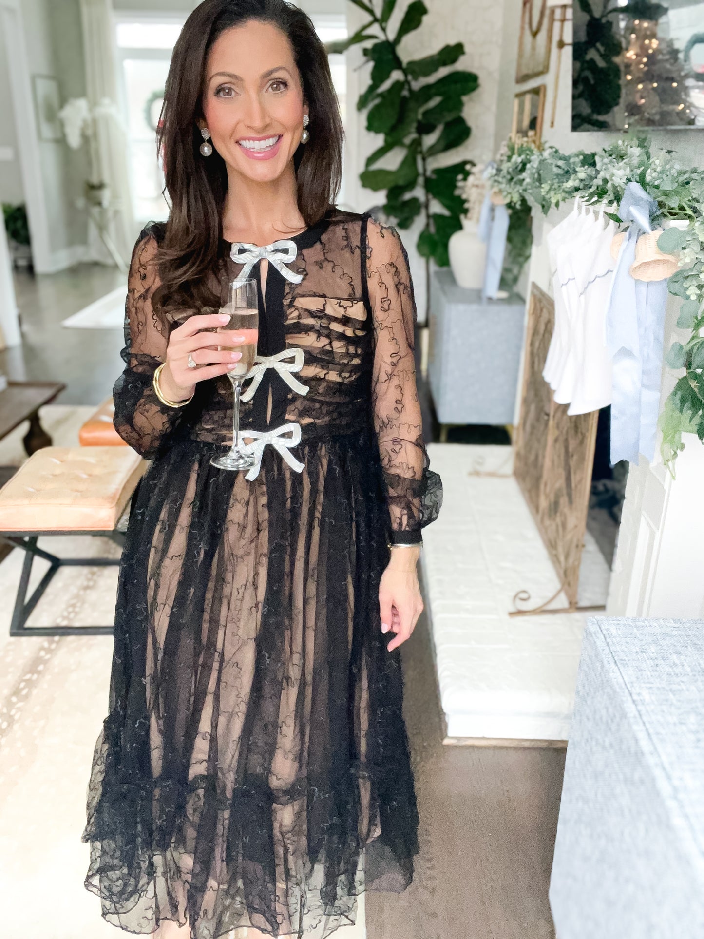 Eloise Embellished Bow & Embroidered Mesh Maxi Dress - FINAL SALE