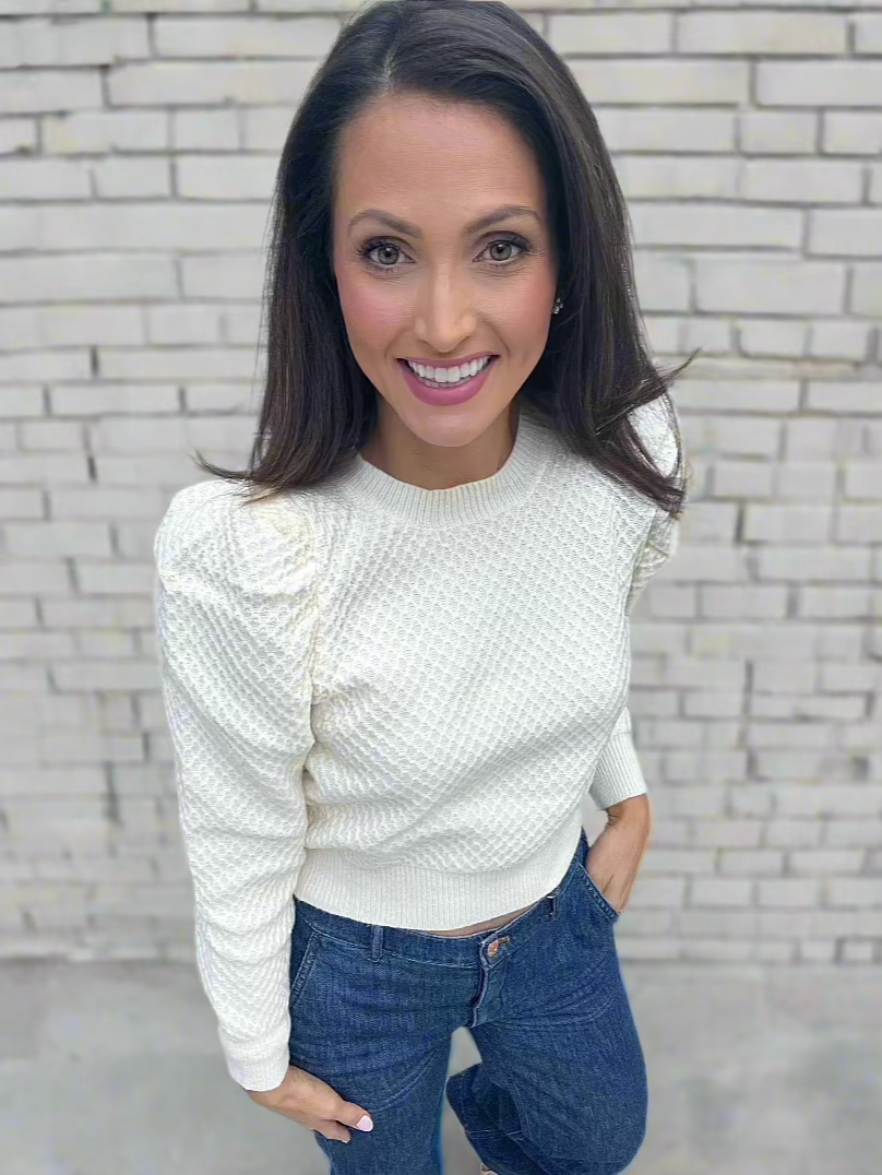 Sally Puff Shoulder Textured Knit Sweater Cream