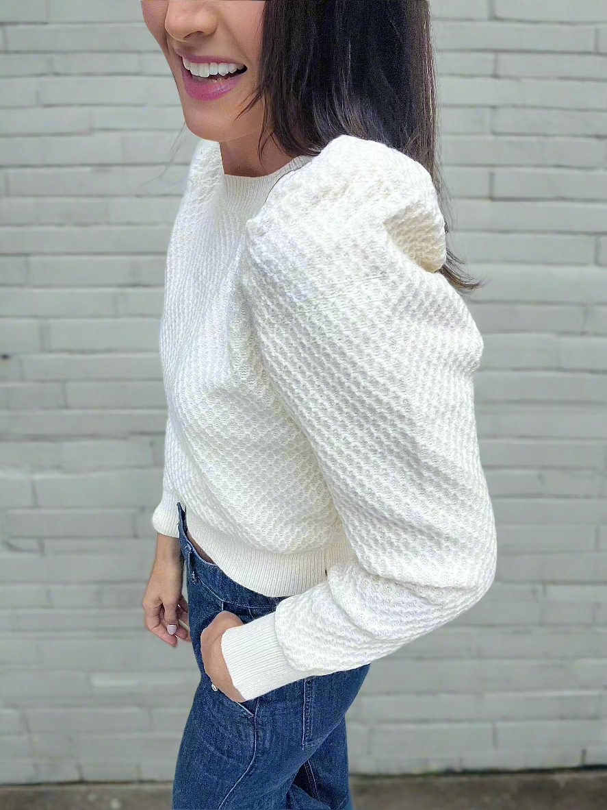 Sally Puff Shoulder Textured Knit Sweater Cream