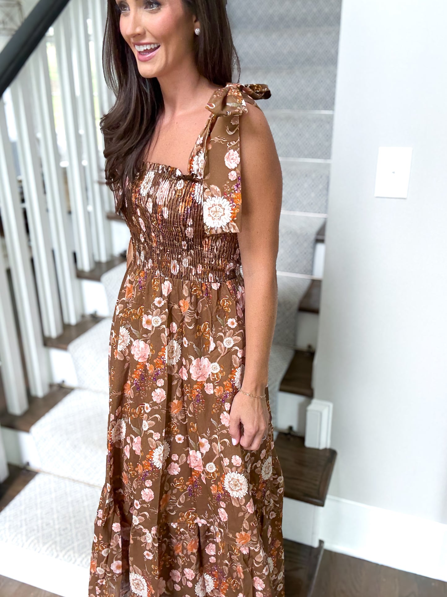The Maeve Bow Maxi Dress Brown Chinoiserie