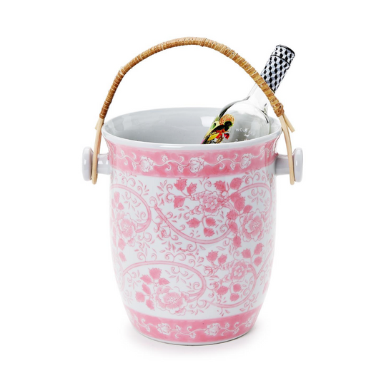Elise Pink Chinoiserie Cooler Bucket with Woven Cane Handle (holds up to 6 bottles) - Hand-Painted Porcelain/Cane