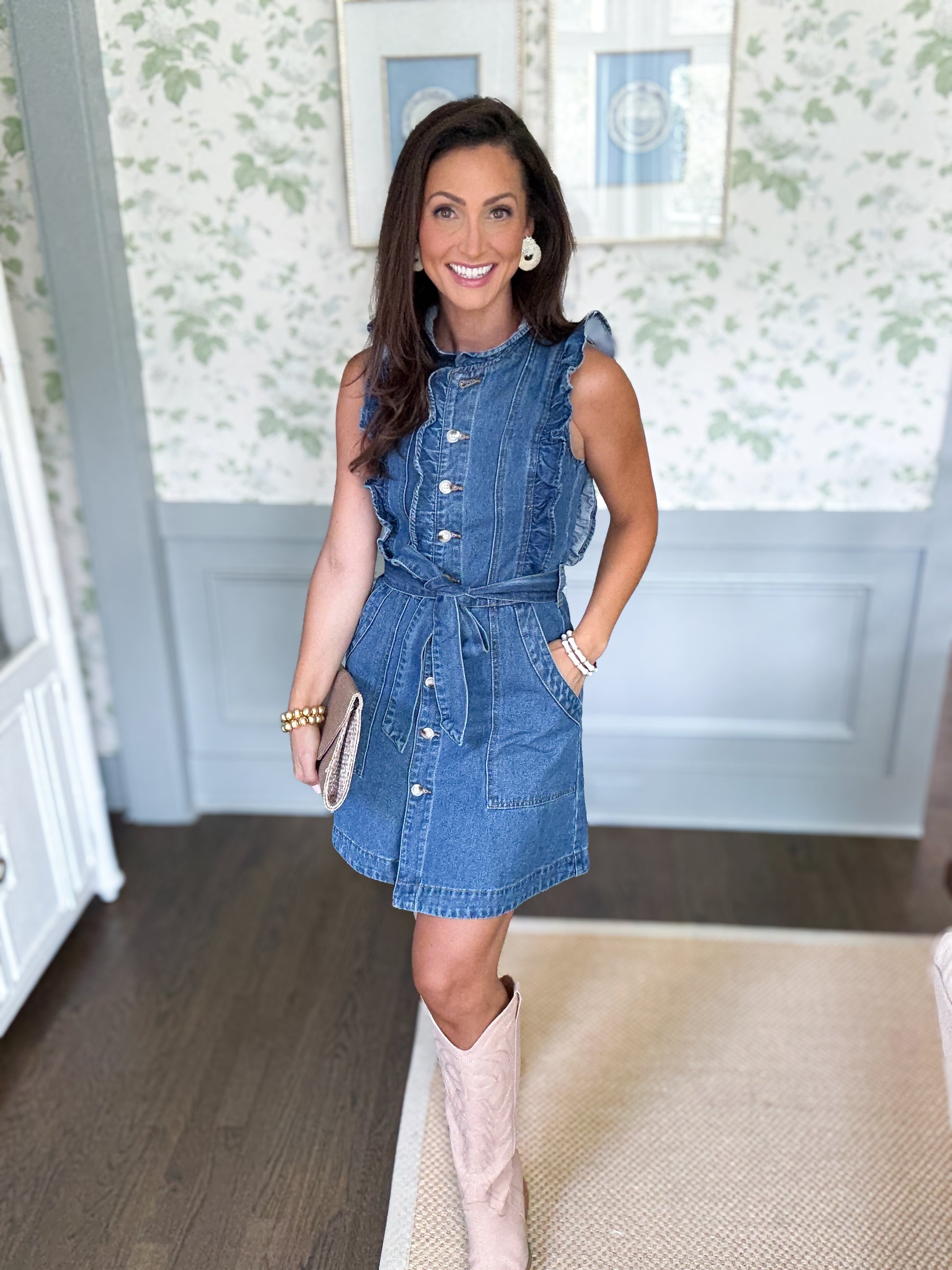 country concert dress, casual blue denim dress with ruffles and pockets sleeveless 