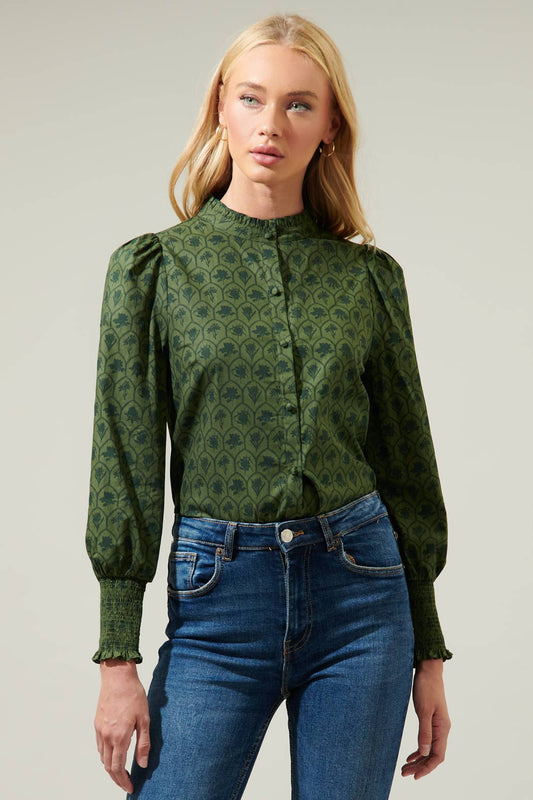 Kelly Floral Button Down Top Olive - FINAL SALE
