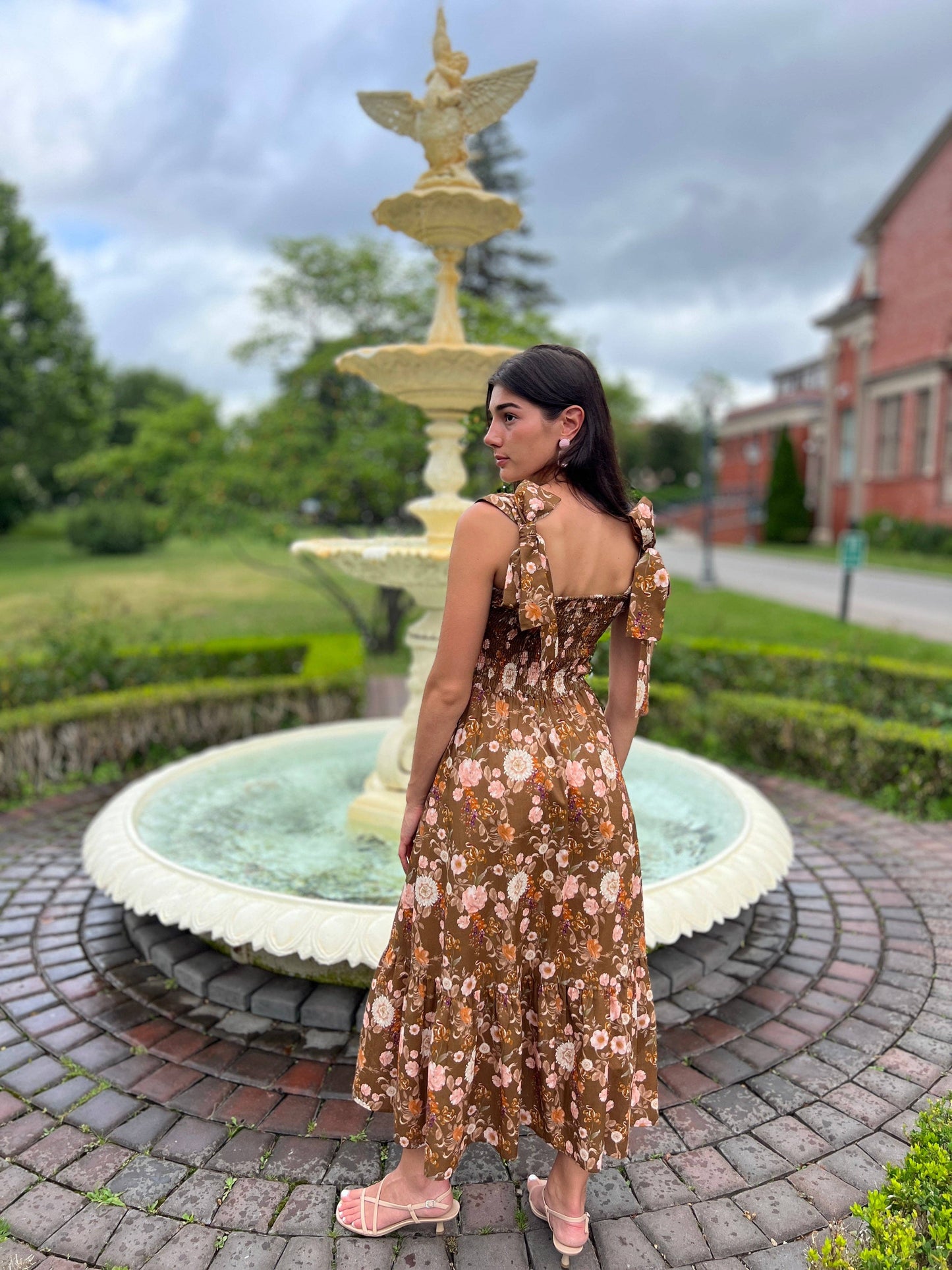 The Maeve Bow Maxi Dress Brown Chinoiserie