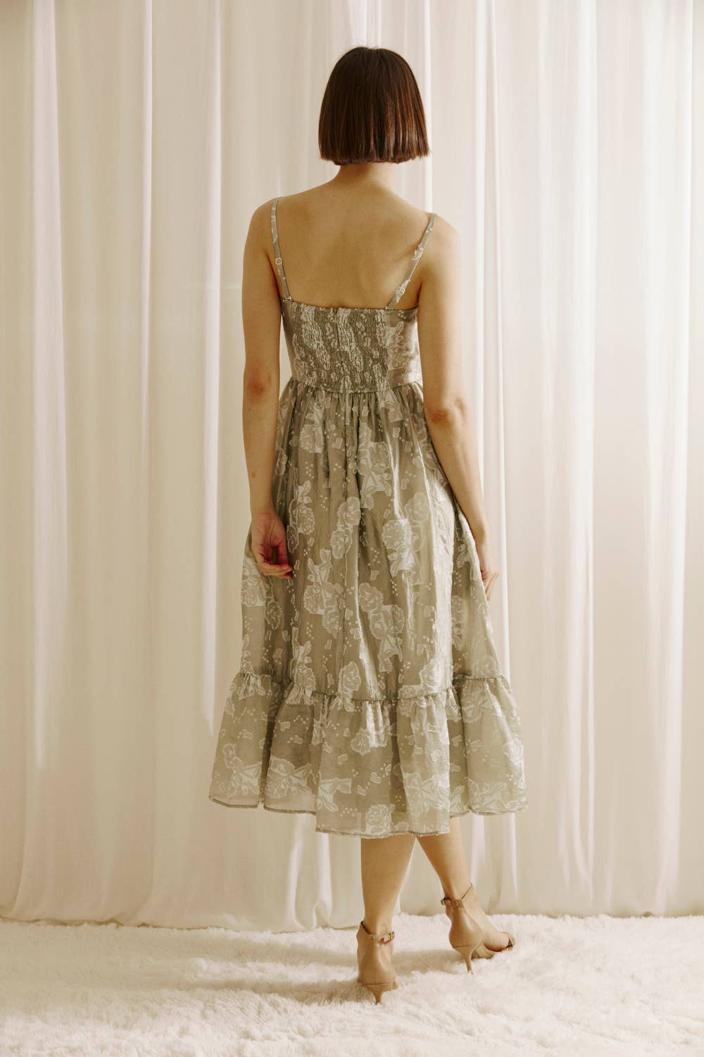 Jillian ROSE AND HEART PATCHED PRINT MIDI DRESS: LIGHT OLIVE/WHITE - FINAL SALE