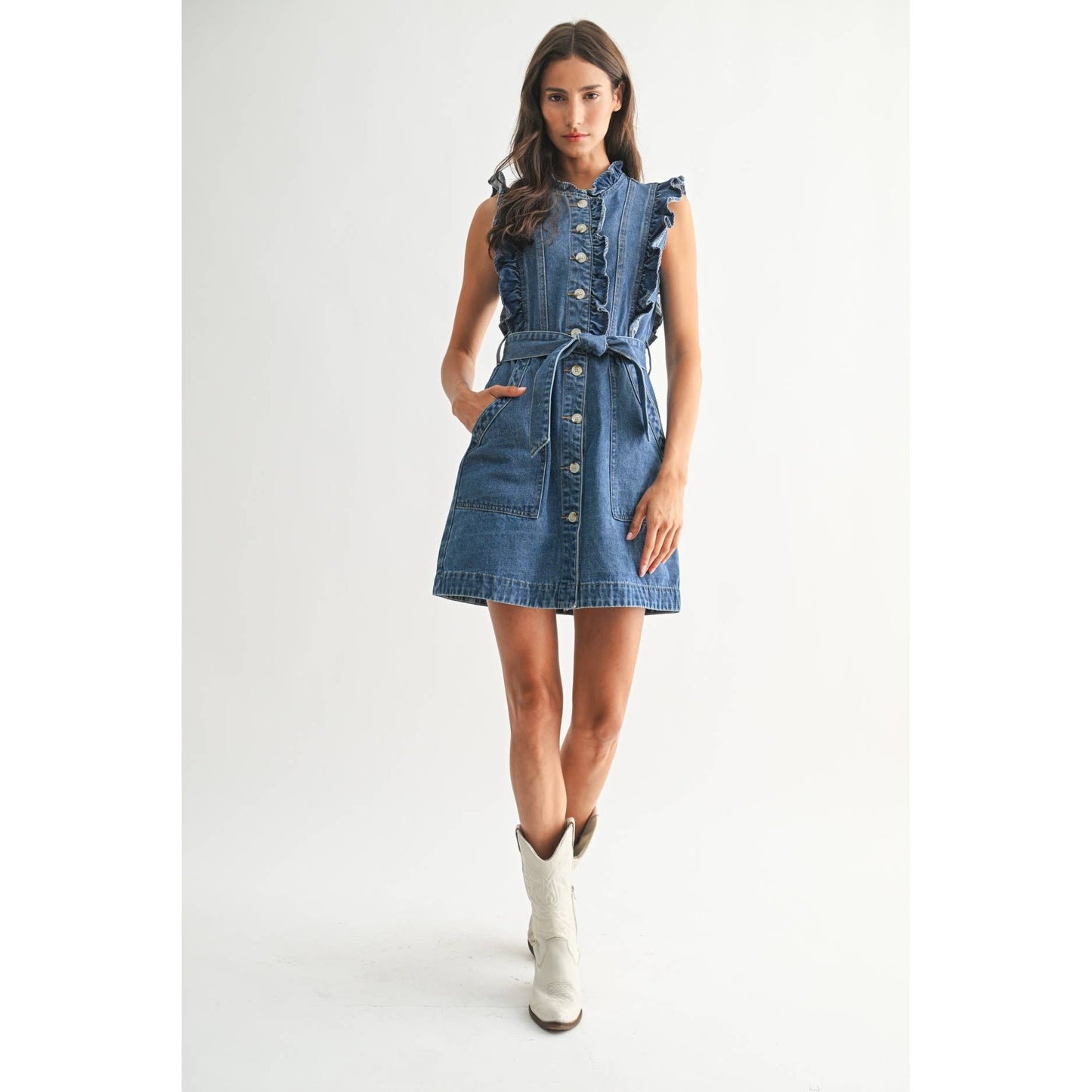 The Sutton Denim Button Down Ruffle Dress