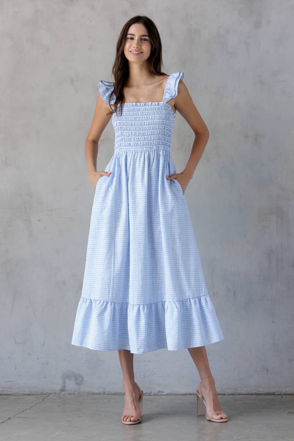 fully lined blue and white checked sundress smocked top adjustable straps 
