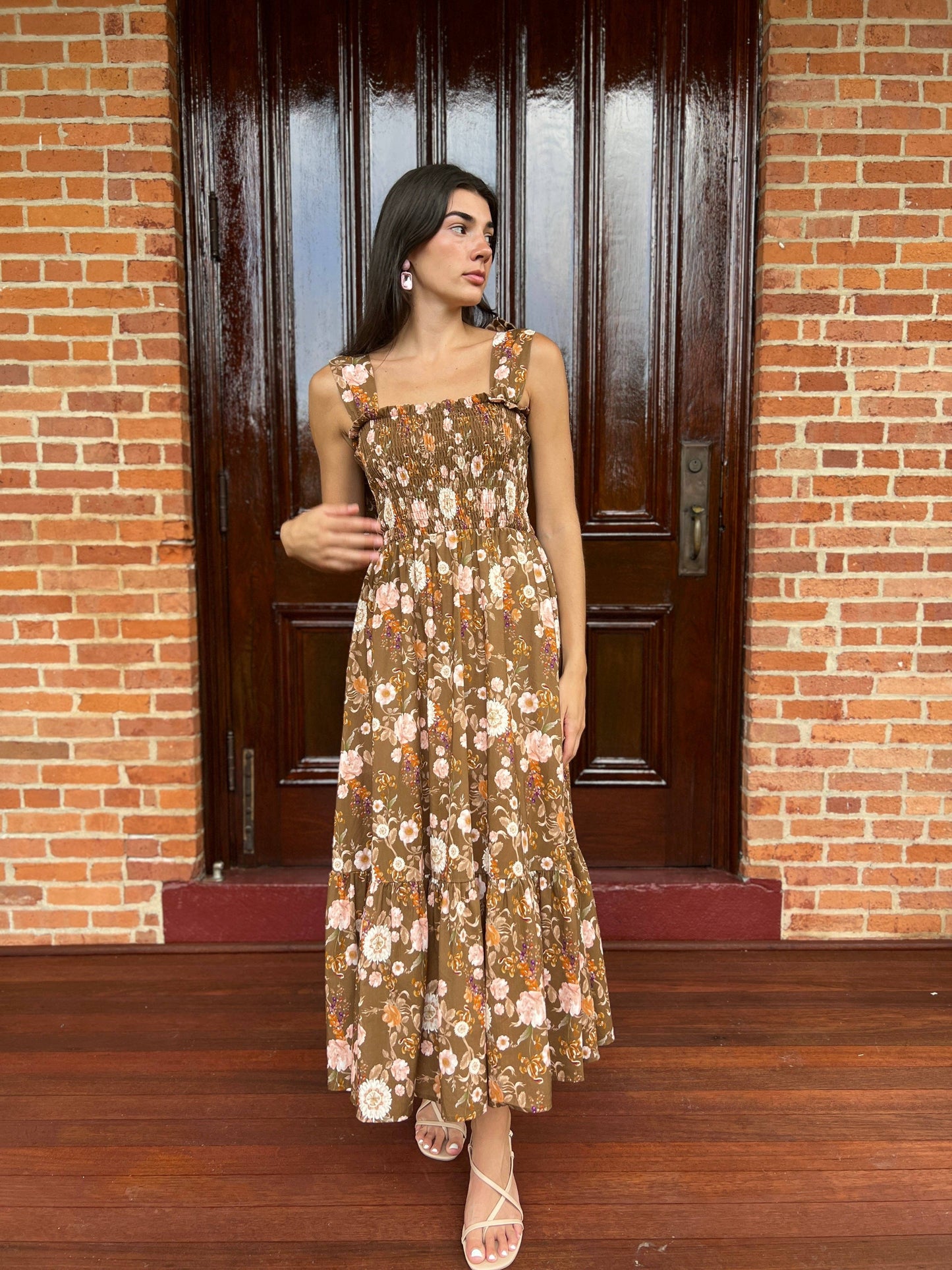 The Maeve Bow Maxi Dress Brown Chinoiserie