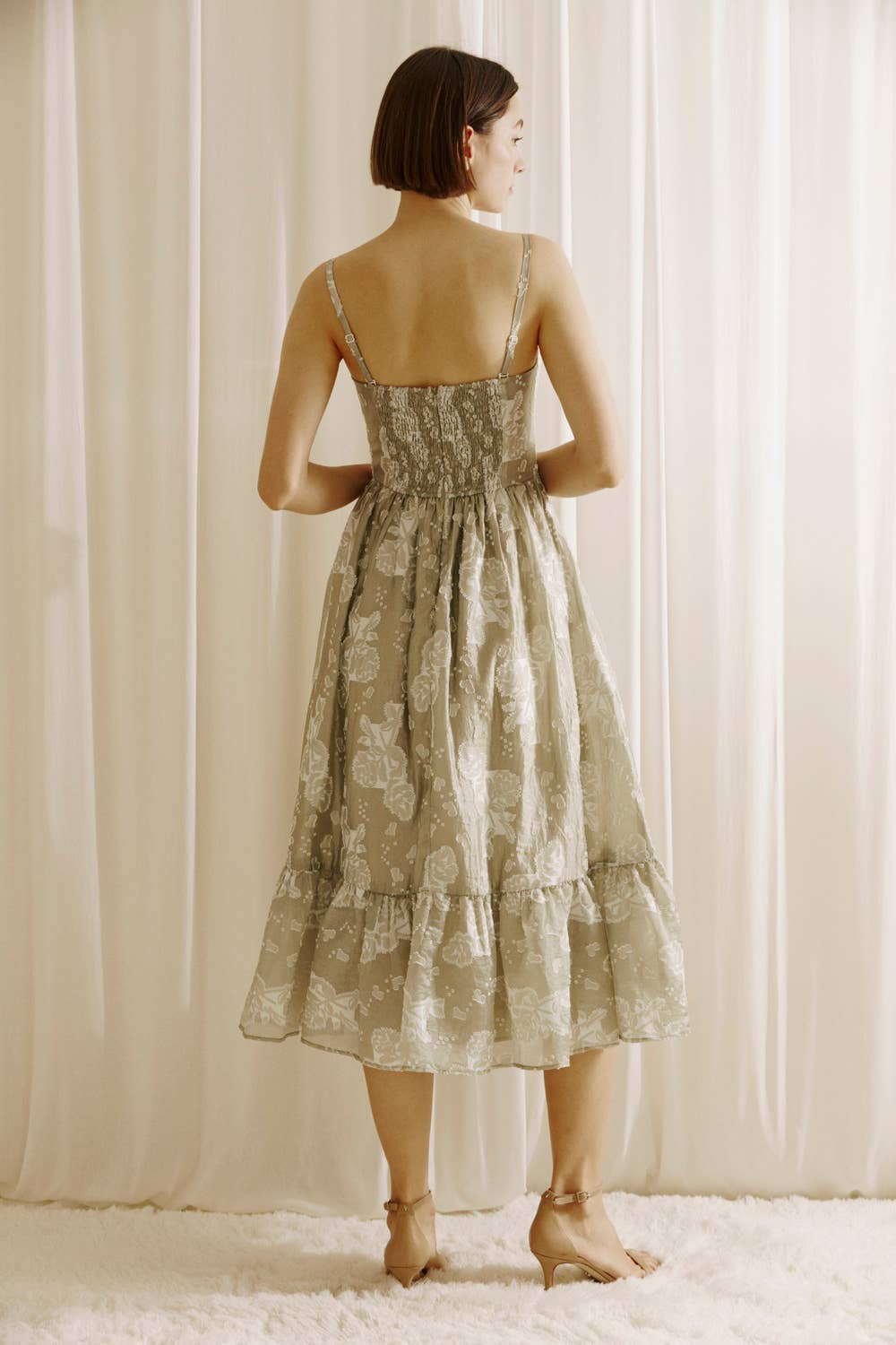 Jillian ROSE AND HEART PATCHED PRINT MIDI DRESS: LIGHT OLIVE/WHITE - FINAL SALE