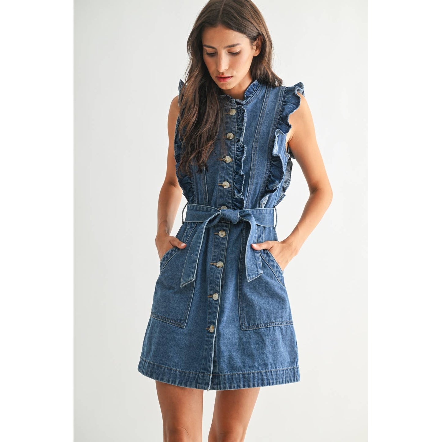 The Sutton Denim Button Down Ruffle Dress
