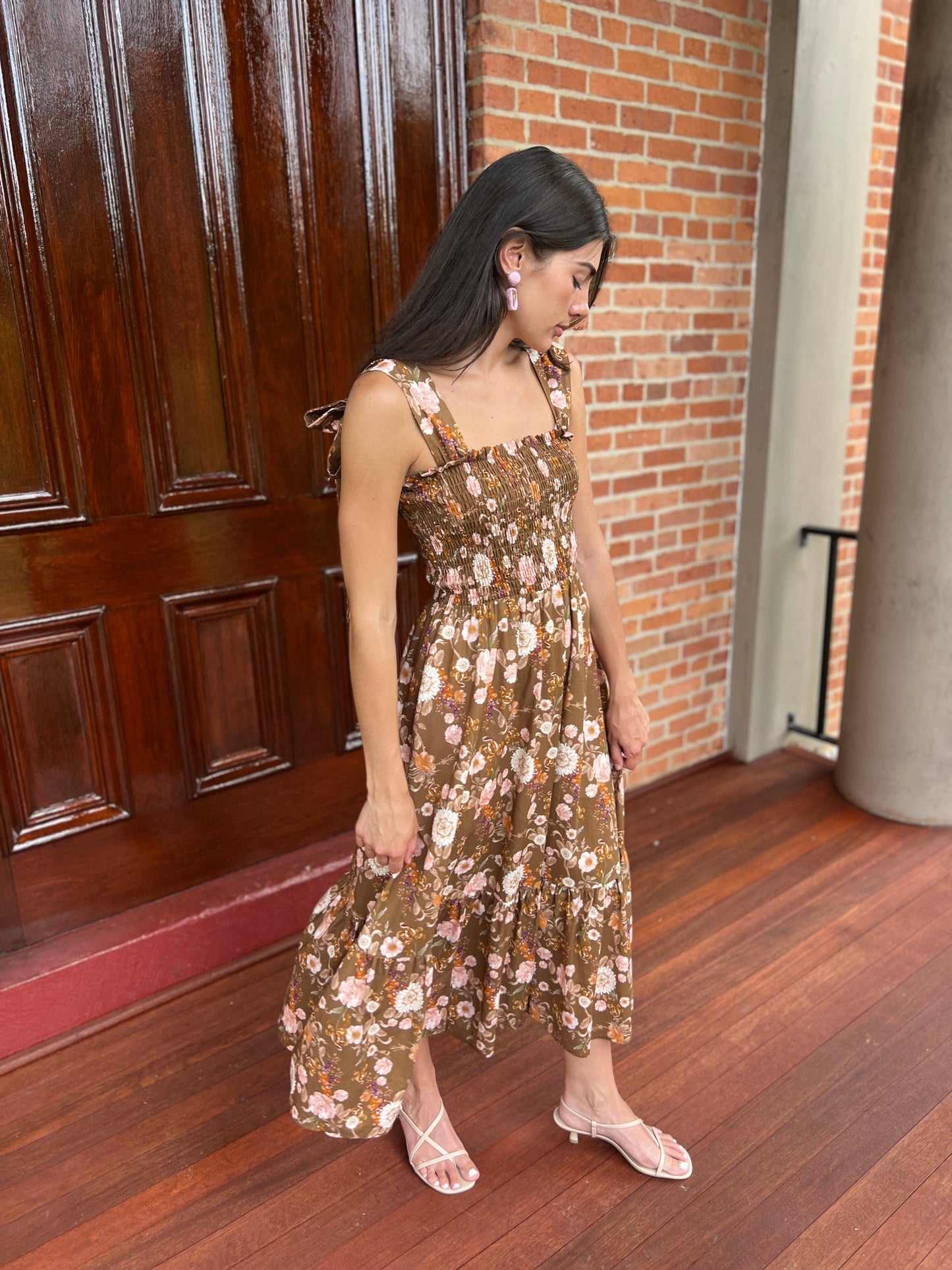 The Maeve Bow Maxi Dress Brown Chinoiserie