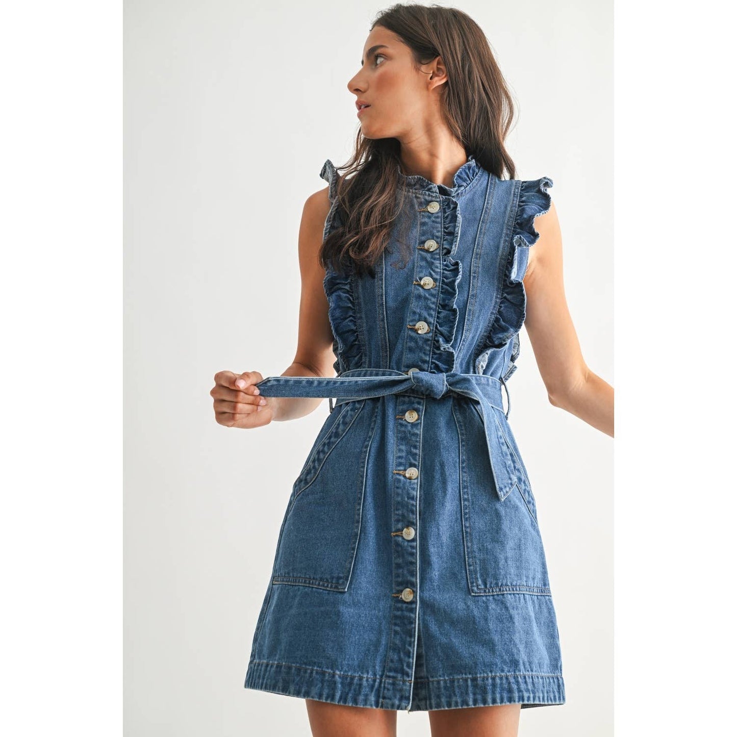 The Sutton Denim Button Down Ruffle Dress