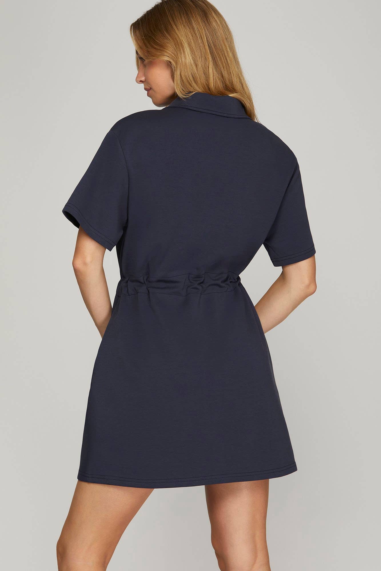 The Jacqueline HALF SLEEVE HALF ZIP DRAWSTRING WAIST SCUBA KNIT DRESS Navy  FINAL SALE