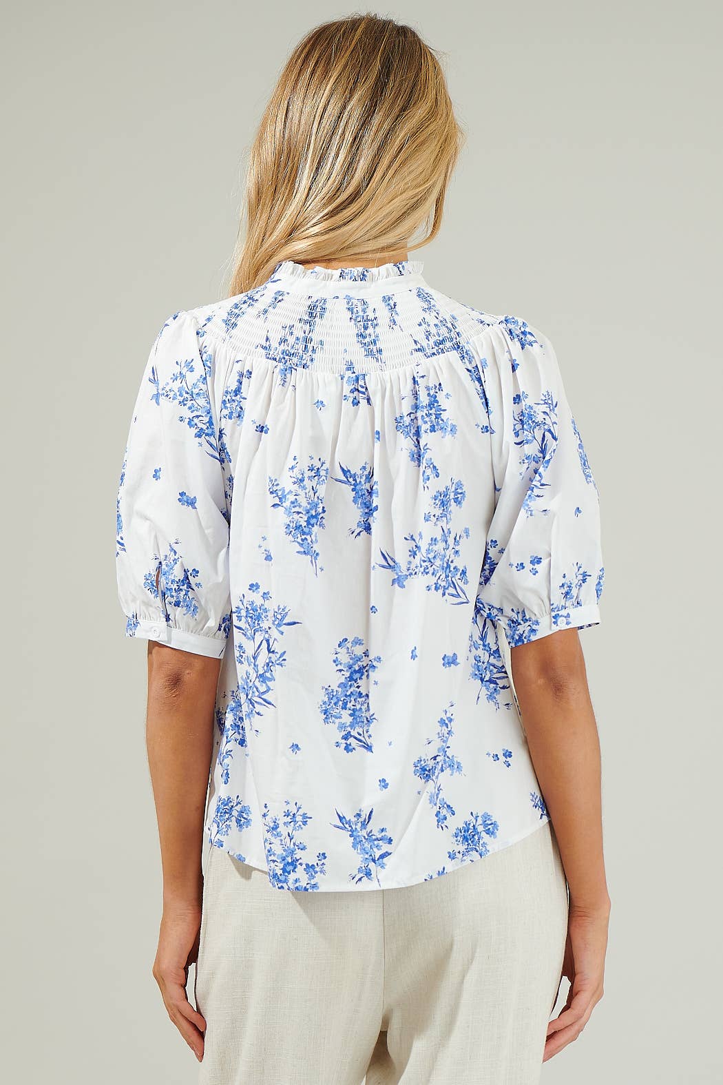 Victoria Floral Blossom Smocked Mock Neck Top: CreamBlue