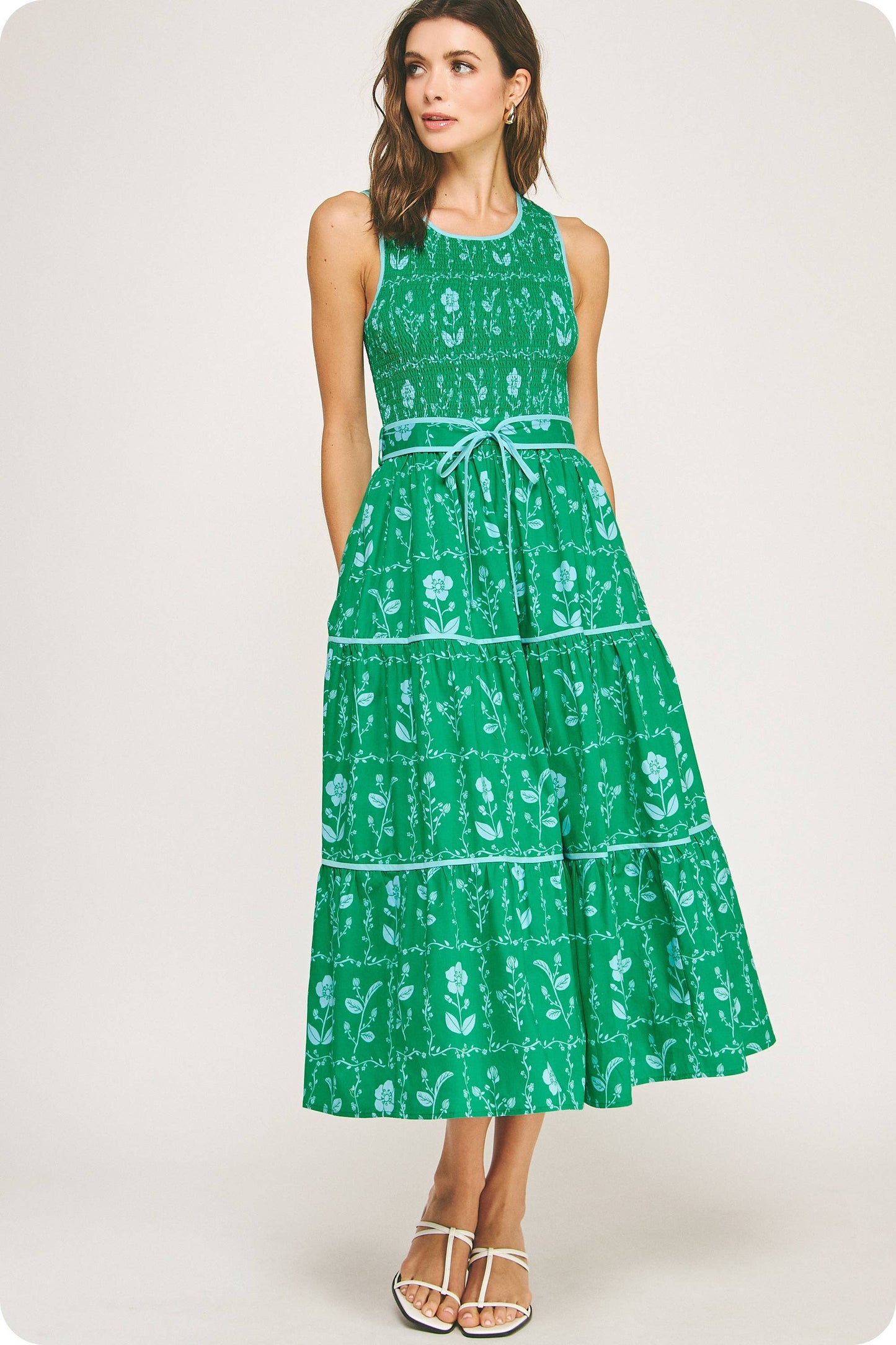 womens lined smocked belted blue and green block print dress 
