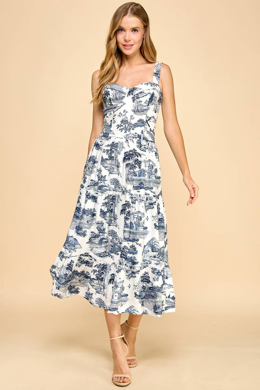 game day wedding guest toile navy and white midi dress