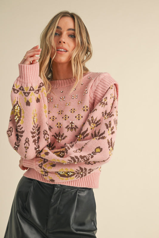 LeeAnn Pearl Embellished Puff Sleeve Sweater light pink - - FINAL SALE
